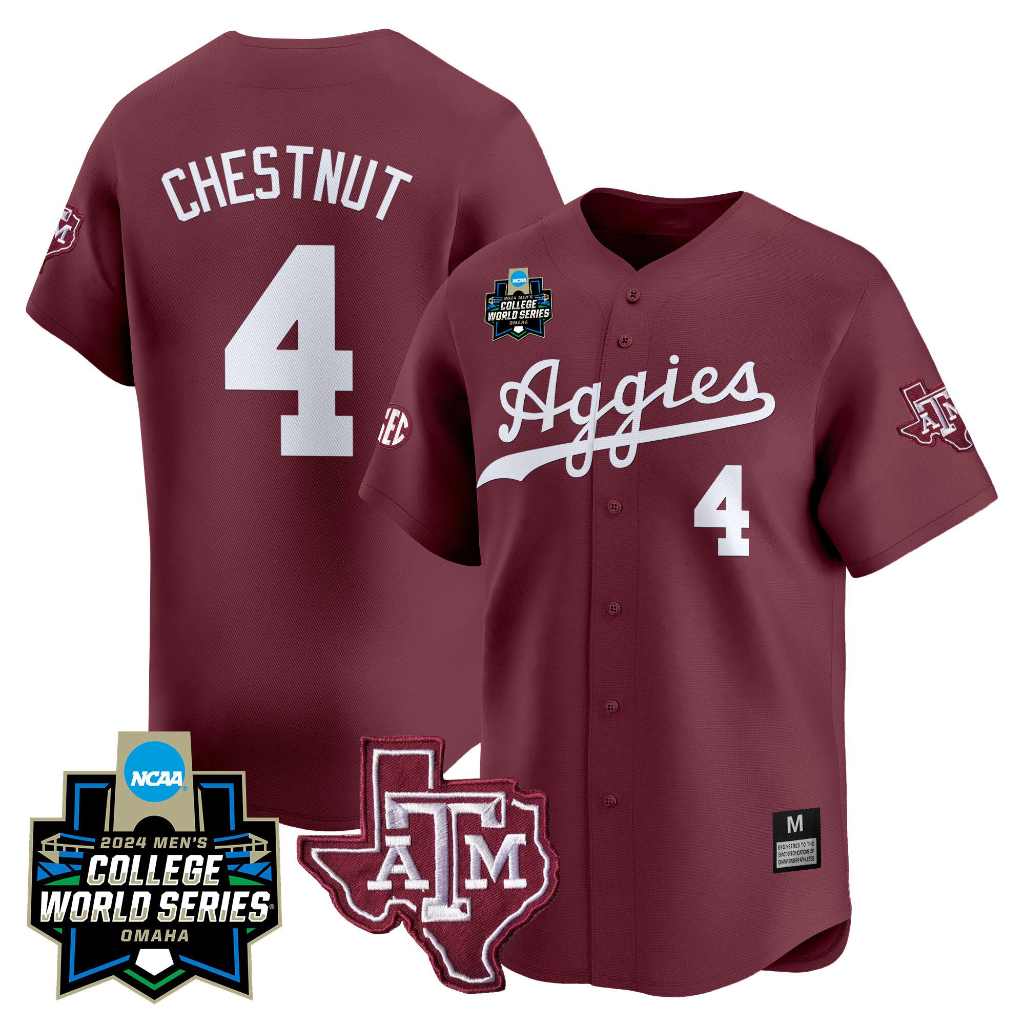 Men Texas A&M Aggies #4 Chestnut Red 2024 College World Series Vapor Premier Limited NCAA Jersey